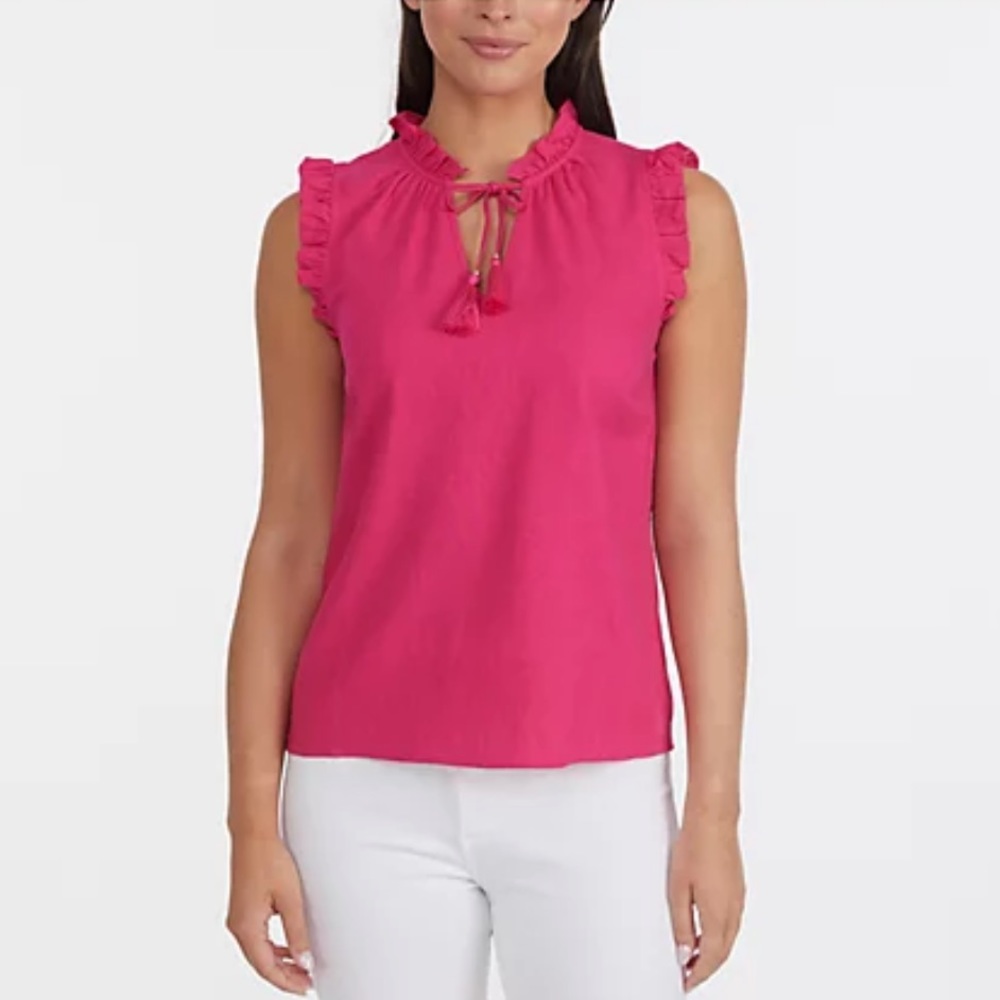 ELLEN TRACY NWT Linen-Blend Ruffle Sleeveless Top w/Tassel SMALL Fuchsia Pink